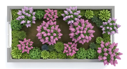 Top view of a rectangular planter box filled with blooming pink lilac flowers and various green succulent plants