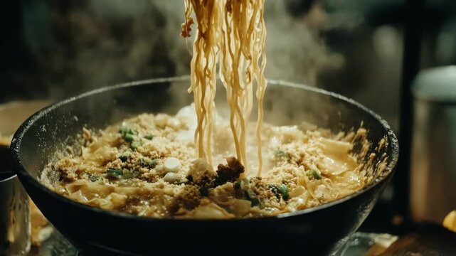 A chef in a kitchen is cooking noodles on a stove. - Powered by Adobe