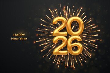 Happy New Year 2026. Golden numbers 2026 with sparkling fireworks and glowing bokeh lights on black background. Festive New Year celebration card, poster, party invitation design. Vector illustration.