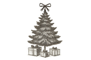 Christmas tree drawing with gift boxes, festive holiday sketch with bow decoration, transparent background
