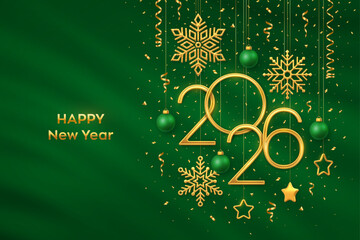 Happy New Year 2026. Hanging Golden metallic numbers 2026 with shining snowflakes, 3D metallic stars, balls and confetti on green background. New Year greeting card or banner template. Vector. © iuriimotov