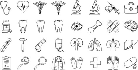 Hand Drawn Medical Icons Set - Doodle Outline Symbols for Healthcare, Diagnosis, Treatment, Anatomy, and Hospital Equipment Vector Collection