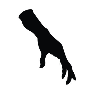 A black silhouette of a skeletal hand reaching downwards with its fingers spread.