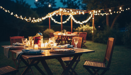 Cozy Backyard Pizza Party with Candles and String Lights