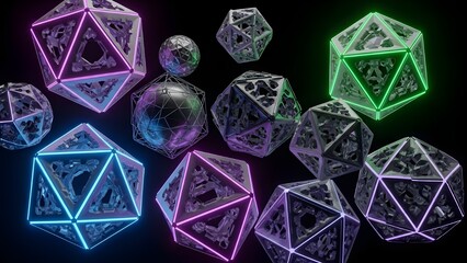 Abstract geometric crystal shapes with neon light illumination