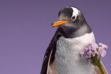Naklejka premium A gentoo penguin holding a bouquet of small lavender flowers against a purple backdrop