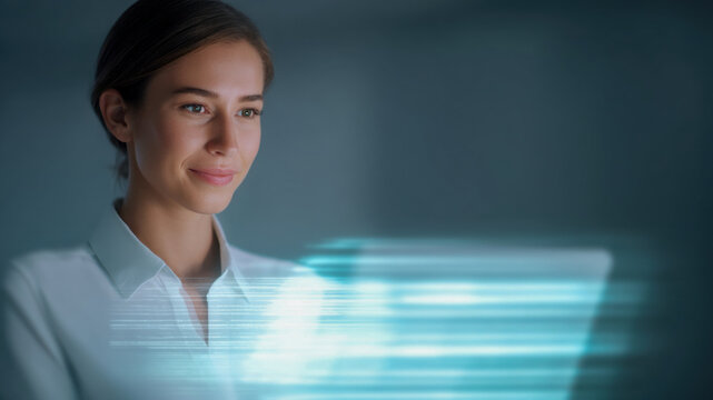Woman hologram digital interface technology futuristic business office innovation touchscreen focused woman engages with hologram digital interface, cool light glows across her face, conveying - Powered by Adobe