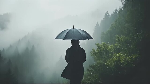 Person Holding Black Umbrella Standing Amidst Misty Forest Landscape Overlooking Verdant Green Hills During Overcast Day With Soft Natural Lighting