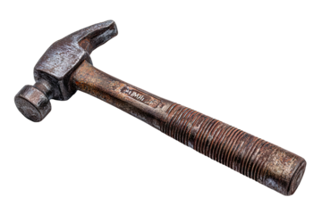 Worn, metal hammer with ribbed wooden handle isolated
