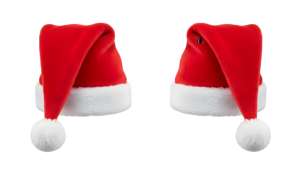 Two red santa hats with white trim isolated on transparent background