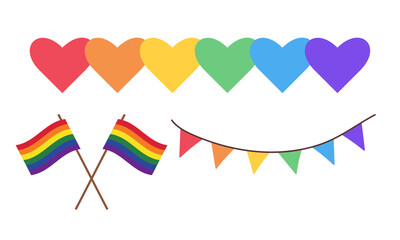 LGBTQ Rainbow Hearts, Rainbow Flags, and Pride Flag Garland for Celebration, Festival, and Equality Illustration