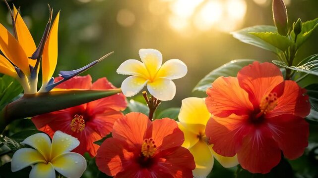Exotic Flowers with Dew Drops in Sunlight Keywords: flowers, exotic, bird of paradise