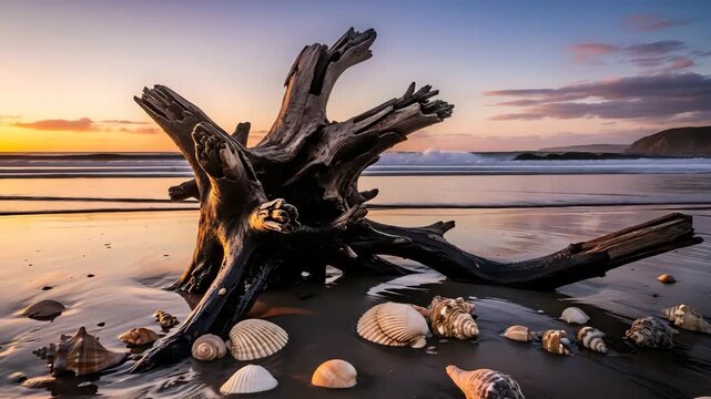 Driftwood and Seashells on a Sandy Beach at Sunset Keywords: driftwood, wood, seashells, shells