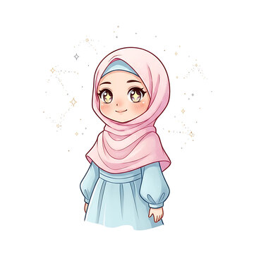 Stylish Cartoon Muslimah Illustration in Purple Hoodie and Grey Hijab