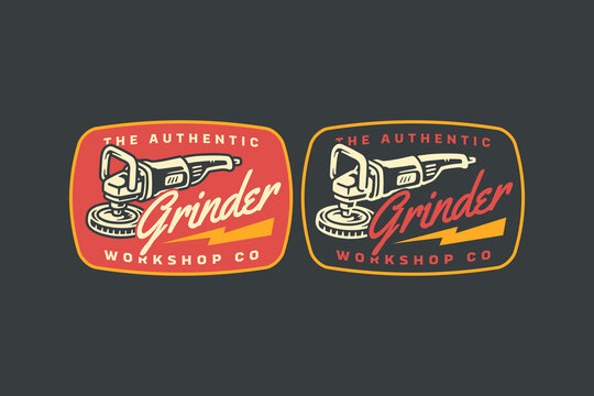 Handheld grinder retro badge logo design set for workshop. Angle grinder tool vintage emblem illustration pack for industrial. Power grinder rustic patch element design for construction