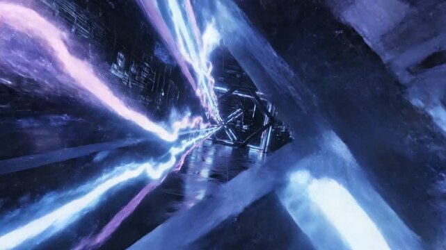 A neon-lit futuristic tunnel with blue and purple laser beams crossing over a reflective floor glow!