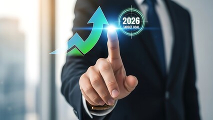 Businessman interacting with futuristic 2026 projection screen interface