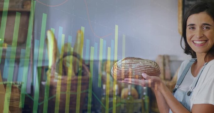 Hands entering from right baker lifting loaf offering chart fading over her selling bread in bakery