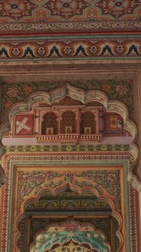 Jaipur, Rajasthan, India. Patrika Gate at Jawahar Circle. Interior inside, many Colorful ornament patterns on old walls. old Pink city