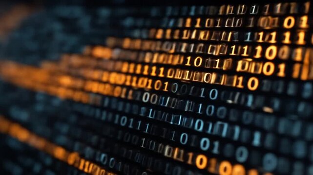 Abstract representation of binary code flowing through a digital landscape, illustrating the concept of data processing and technology in a futuristic environment