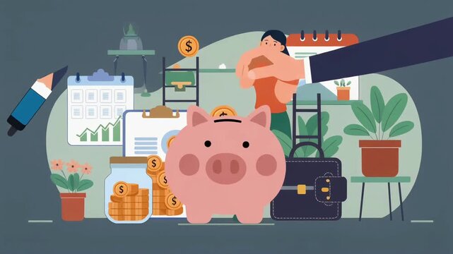 Cartoon-style piggy bank illustration with coins, savings symbols, and financial elements representing budgeting, personal finance, and money management concepts.