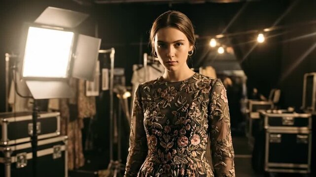 florals outfit - A model stands poised in a dimly lit backstage setting, illuminated by bright lights. Elegant dresses and costumes hang in the background, creating a fashion atmosphere