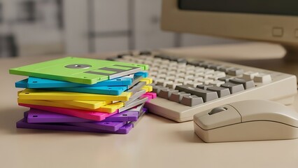 Colorful Floppy Disks with Keyboard and Mouse Setup