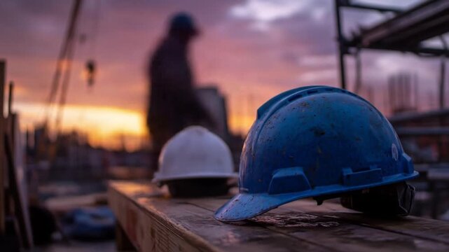 A close-up view of construction helmets resting on a wooden surface at sunset, with a worker in the background, highlighting the end of a busy workday in a construction site