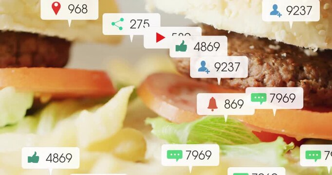 Notification bubbles appearing after frame one, multiplying and spreading over burger to show buzz