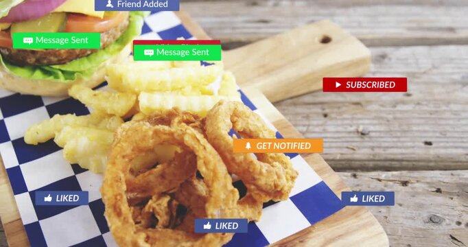 Social badges appearing over onion rings and burger while camera pulling back, showing engagement