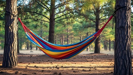 Colorful Hammock in Forest Setting Between Tall Trees