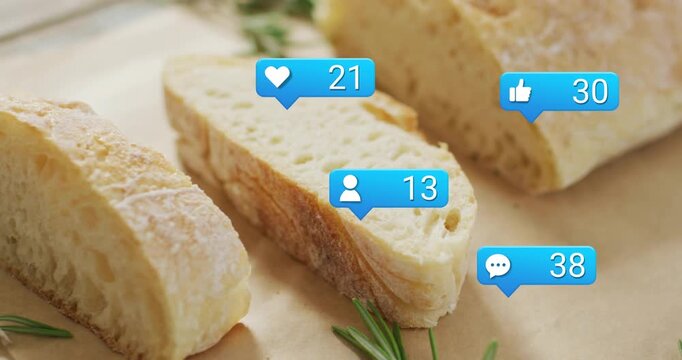 Small blue chat bubble appearing, social bubbles floating over bread, counting likes to show reach