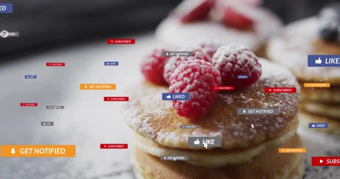 Pancake stack drawing growing social badges after cursor, sugar dusting falling, showing buzz