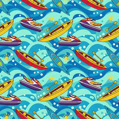 Fototapeta premium Seamless Pattern of Water Sports Equipment on Wavy Blue Background.