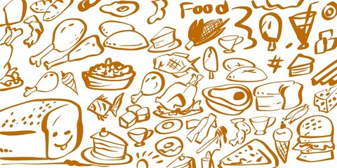 Hand-drawn food doodles featuring bread, chicken, desserts, drinks, fish, and snacks in a playful sketch style. Perfect for menus, branding, packaging, backgrounds, and creative culinary designs.