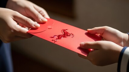 Close-up of hands exchanging a red envelope during a traditional celebration.