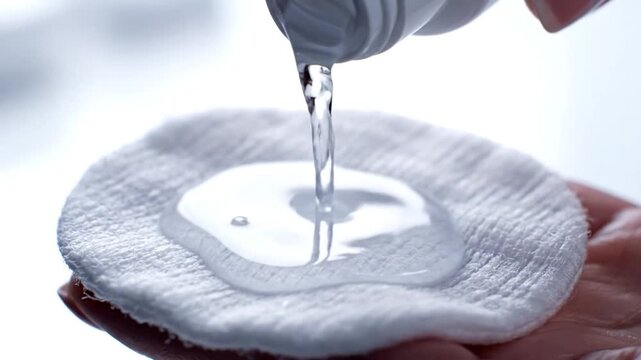 Cosmetic liquid poured on cotton pad for skincare or beauty routine