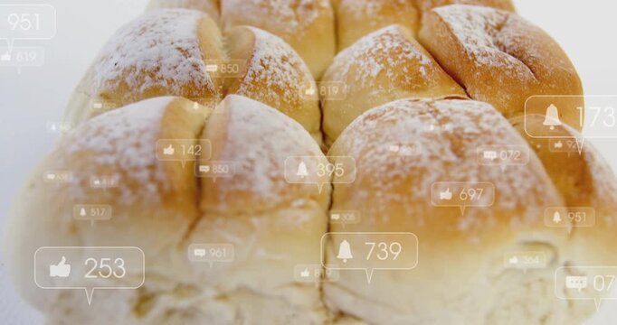 Counts rising, icons floating, camera pulling back, revealing four dusted rolls, showing likes