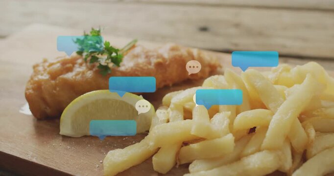 Blue bubbles appearing near lemon cue, clustering over fish and fries, highlighting flavors