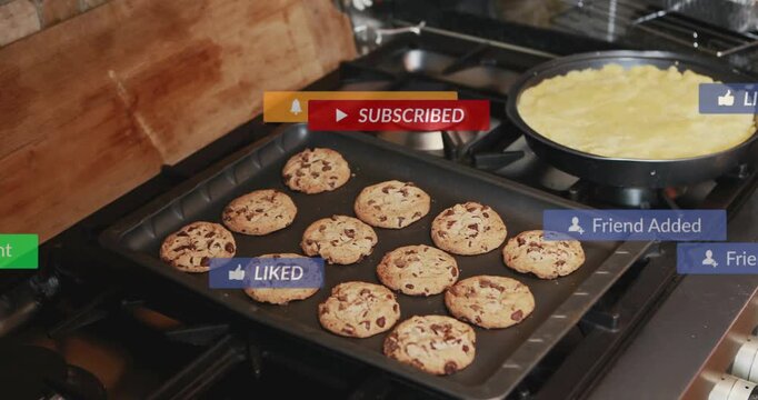 Cookie tray staying as play icon pressing starting overlays animating then fading revealing likes