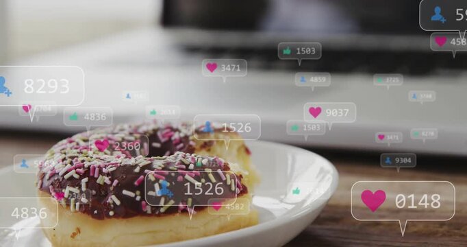 Bitten choc donut with sprinkles on plate, popups sparking icons floating and adding, gaining likes