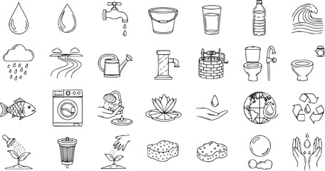 Hand-Drawn Water Icons Collection: From Natural Sources  Recycling to Household Use  Hydration