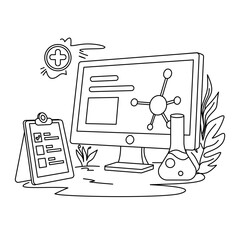 Modern nanotechnology lab scene showing a digital monitor with molecular data, lab flask, and clipboard, perfect for science research, innovation, and high-tech analysis themes