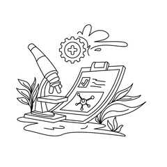 Modern nanotechnology lab scene showing a digital monitor with molecular data, lab flask, and clipboard, perfect for science research, innovation, and high-tech analysis themes