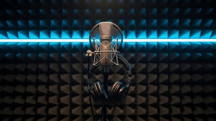 Microphone and headphones in recording studio