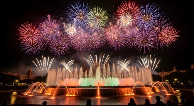 Colorful fireworks display over illuminated water fountain at night - Powered by Adobe