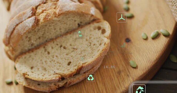 HUD icons rising on sliced loaf causing panning right, showing seeded rolls and eco metrics
