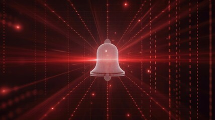 Digital notification bell icon glows intensely within a dark red abstract technological data stream environment