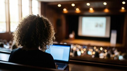 Student with curly hair using laptop in auditorium during lecture, focused on presentation, surrounded by attentive classmates, creating an engaging learning environment