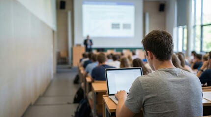 Students attentively listening to a lecture in a modern auditorium, with a speaker presenting information on a screen, creating an engaging educational atmosphere